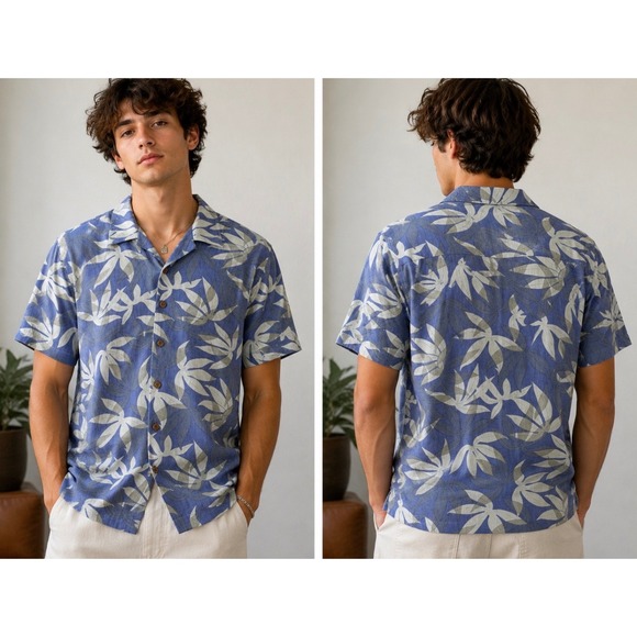 Tommy Bahama Other - Tommy Bahama Mens Large 100% Silk Blue Green Leaf Print Camp Shirt Tropical L